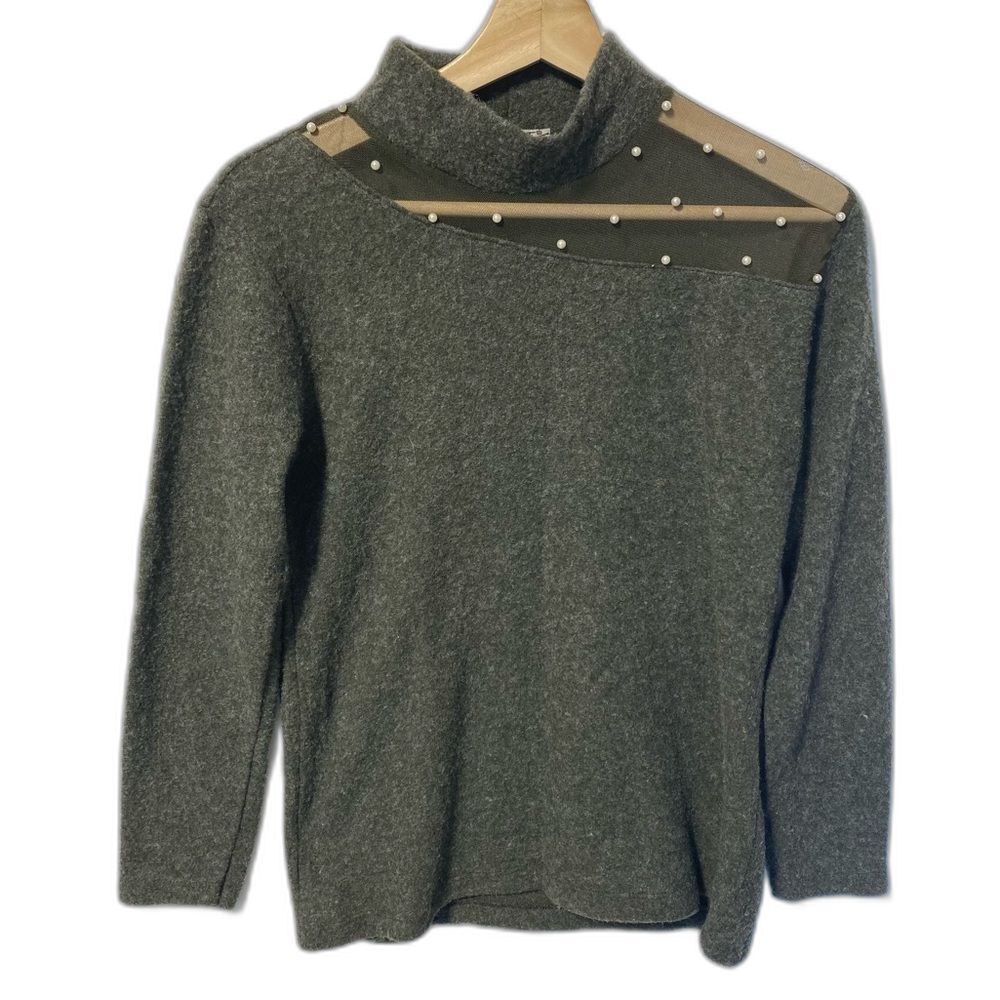 Soft Green mock neck sweater with pearl mesh neck detail size large